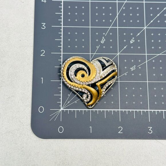 Chicos Brooch Heart Pave Rhinestone Open Work Scroll 2" Mixed Tone Pin Jewelry - Picture 6 of 6